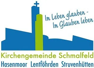 Logo der Kirchengemeinde Schmelfeld, mit stilisierten blauen und grünen Gebäuden.