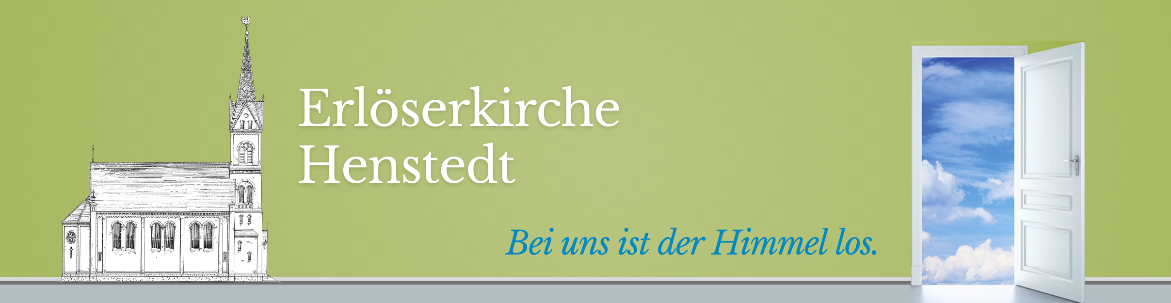 Logo der Erlöserkirche Heusenstamm mit stilisierter Kirche und offener Tür zum Himmel.